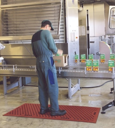 worker standing on anti fatigue mat in food processing plant